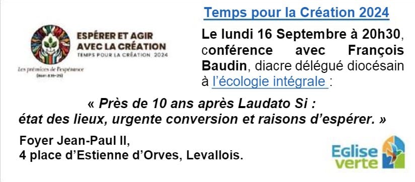 Conférence "Après Laudato Si' : état des lieux, urgente conversion et raisons d’espérer" (92).